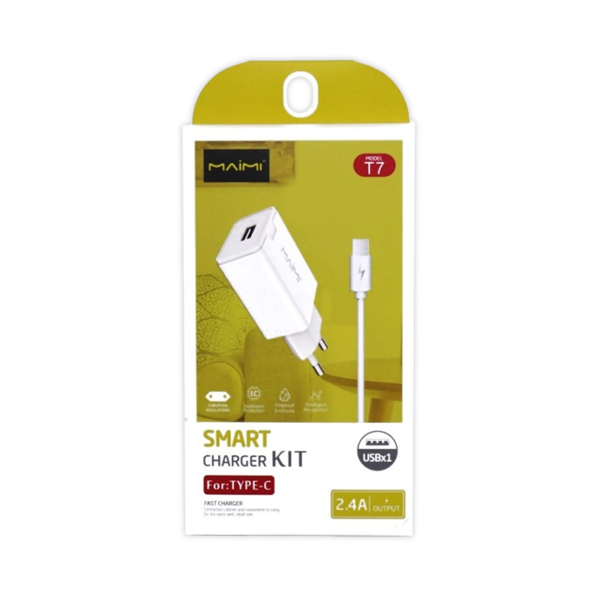 SMARTCHARGER KIT MAIMI-T7 KIT-TYPE-C-2.4A-SINGLE USB-KABEL DATA 1M-WHITE-ORIGINAL